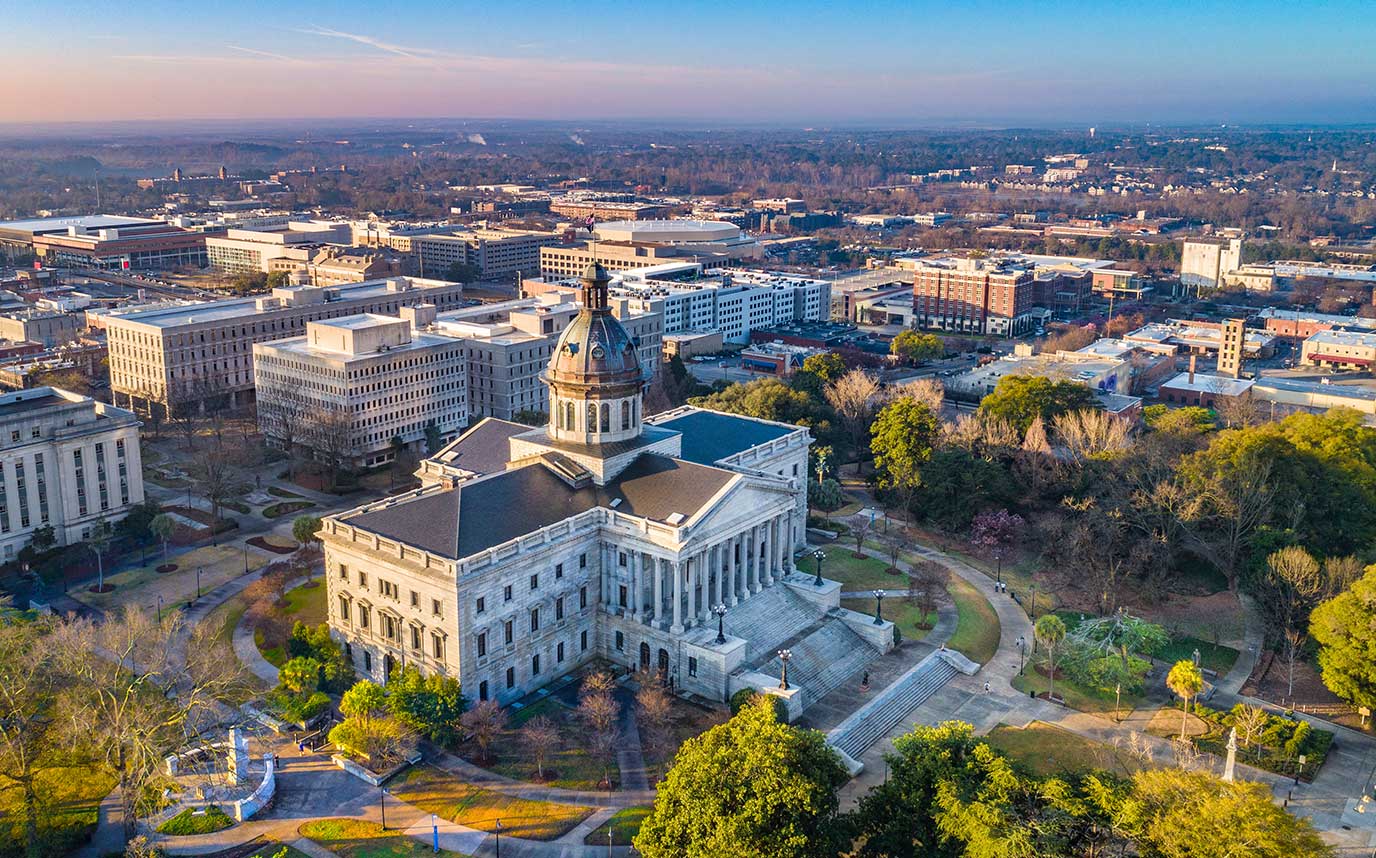 An aerial view of the state house in Columbia, SC.